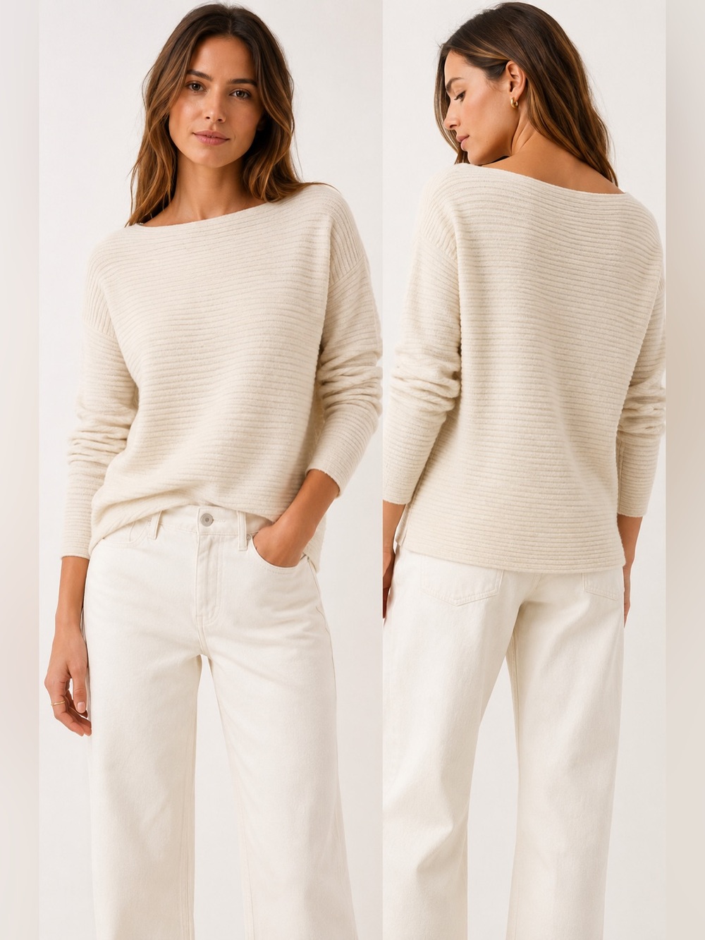 Vince 100% Cashmere Ribbed Boat Neck Sweater Ivory XS